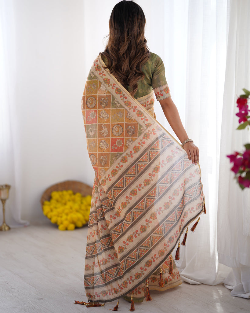 Multicolor Zari Woven Handloom Cotton Saree with Traditional Animal & Floral Motifs and Tassels LINEN HANDLOOM