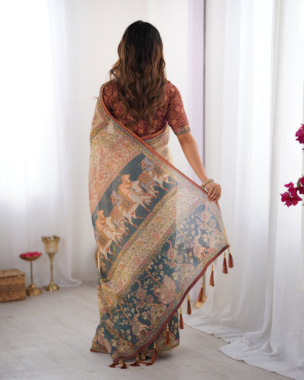 Beige Handloom Cotton Saree with Maroon Blouse and Multicolor Royal Procession Pallu LINEN HANDLOOM