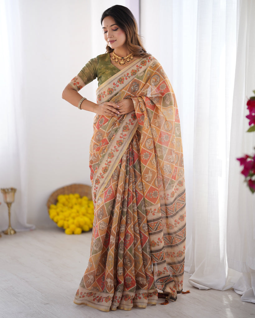 Multicolor Zari Woven Handloom Cotton Saree with Traditional Animal & Floral Motifs and Tassels LINEN HANDLOOM