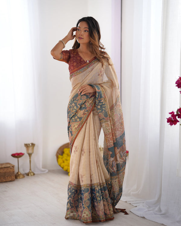 Beige Handloom Cotton Saree with Maroon Blouse and Multicolor Royal Procession Pallu LINEN HANDLOOM
