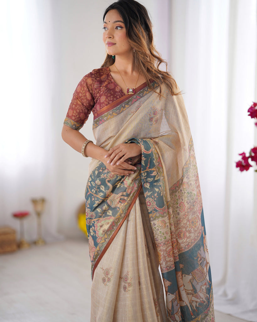 Beige Handloom Cotton Saree with Maroon Blouse and Multicolor Royal Procession Pallu LINEN HANDLOOM