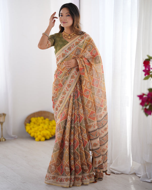 Multicolor Zari Woven Handloom Cotton Saree with Traditional Animal & Floral Motifs and Tassels LINEN HANDLOOM