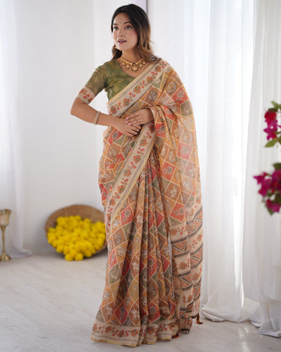 Multicolor Zari Woven Handloom Cotton Saree with Traditional Animal & Floral Motifs and Tassels LINEN HANDLOOM