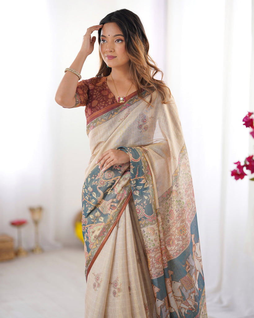 Beige Handloom Cotton Saree with Maroon Blouse and Multicolor Royal Procession Pallu LINEN HANDLOOM