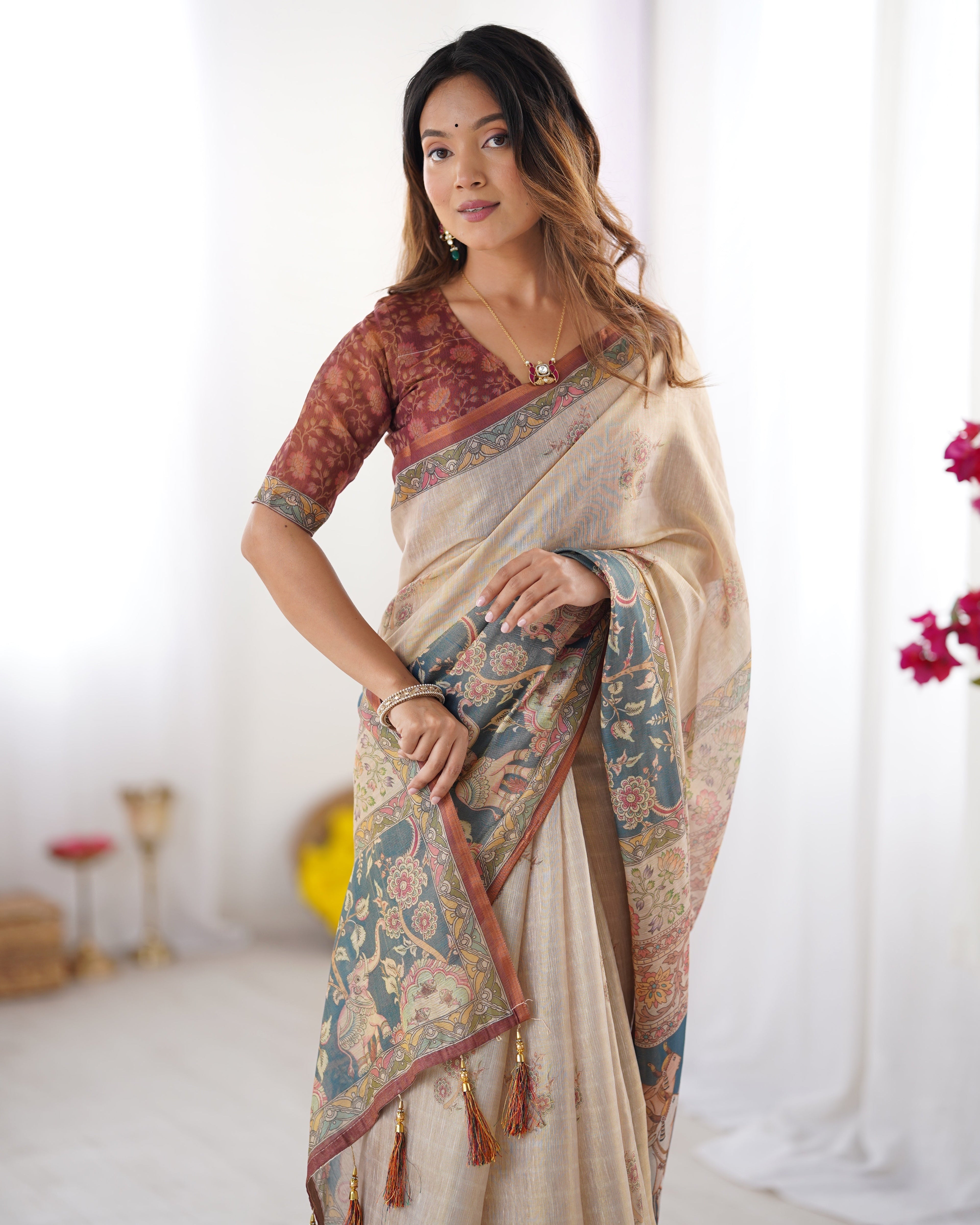 Beige Handloom Cotton Saree with Maroon Blouse and Multicolor Royal Procession Pallu LINEN HANDLOOM