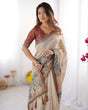 Load image into Gallery viewer, Beige Handloom Cotton Saree with Maroon Blouse and Multicolor Royal Procession Pallu LINEN HANDLOOM