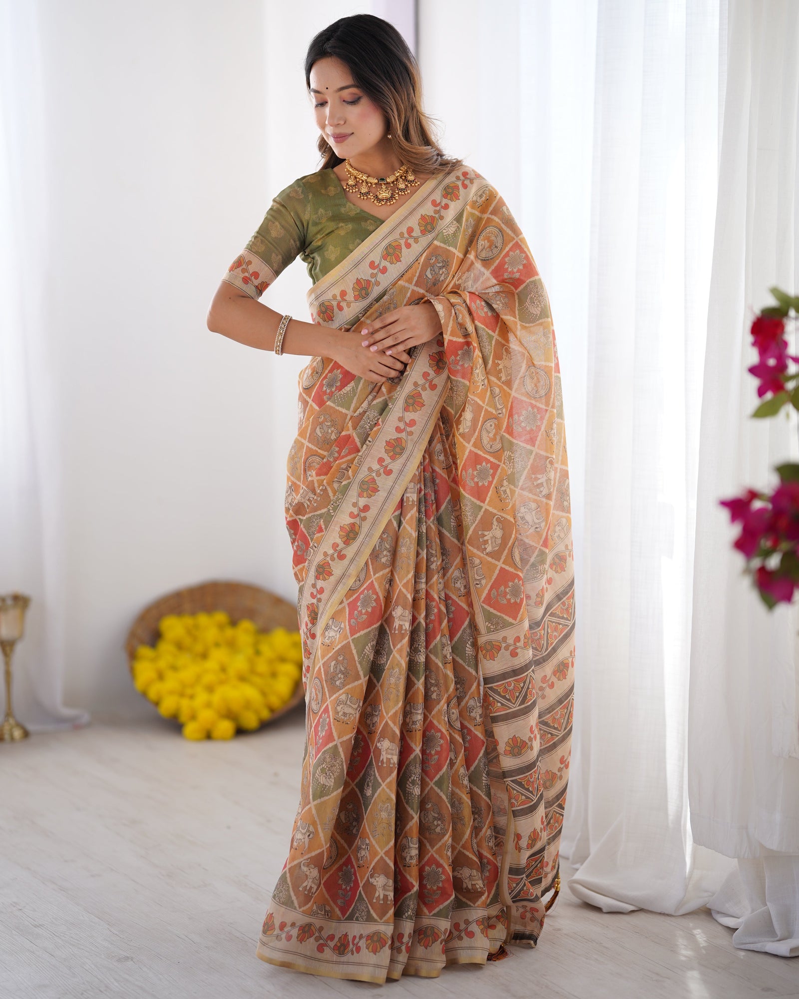 Multicolor Zari Woven Handloom Cotton Saree with Traditional Animal & Floral Motifs and Tassels LINEN HANDLOOM