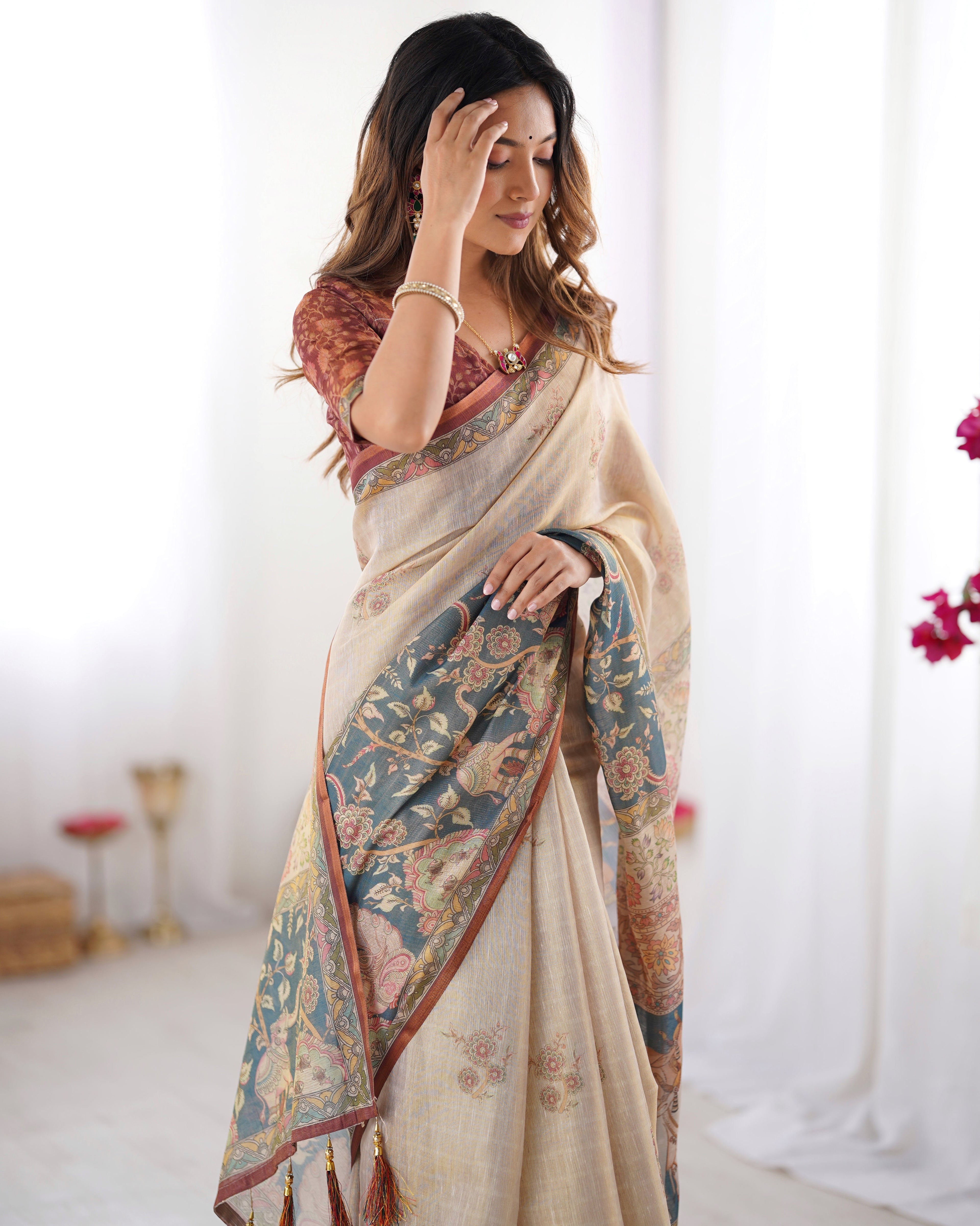 Beige Handloom Cotton Saree with Maroon Blouse and Multicolor Royal Procession Pallu LINEN HANDLOOM