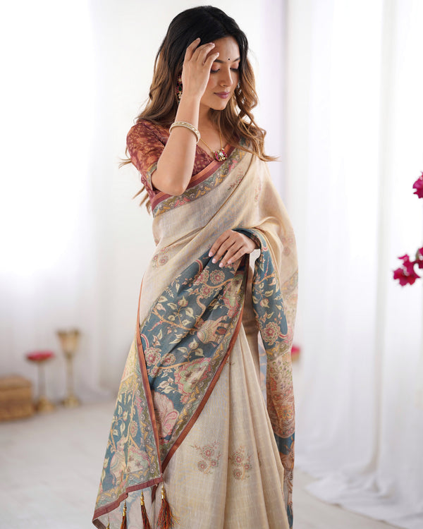 Beige Handloom Cotton Saree with Maroon Blouse and Multicolor Royal Procession Pallu LINEN HANDLOOM