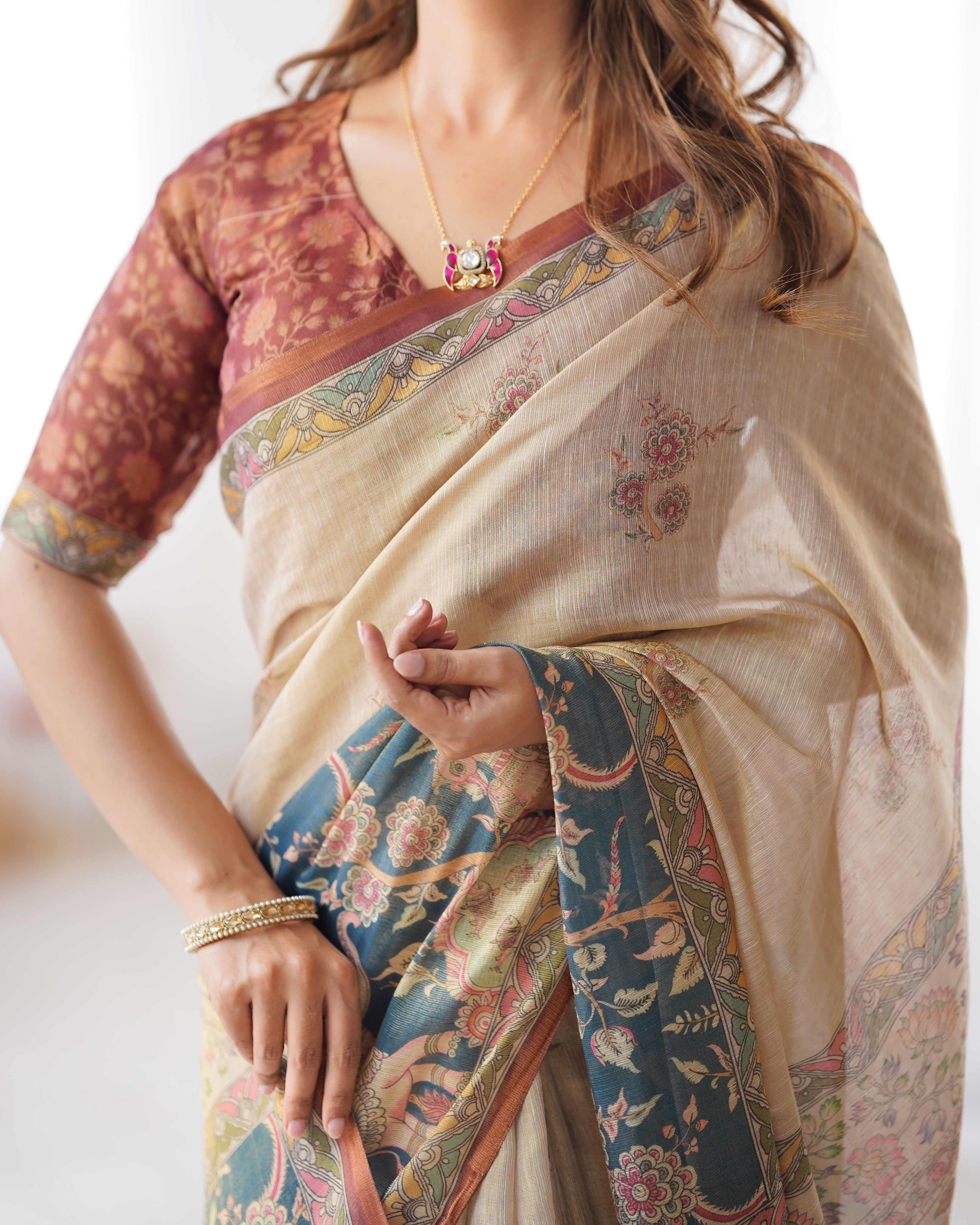 Beige Handloom Cotton Saree with Maroon Blouse and Multicolor Royal Procession Pallu LINEN HANDLOOM