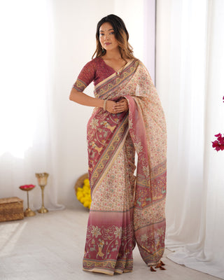 Beige & Mauve Handloom Cotton Saree with Floral Jaal, Peacock Motifs & Storytelling Pallu LINEN HANDLOOM