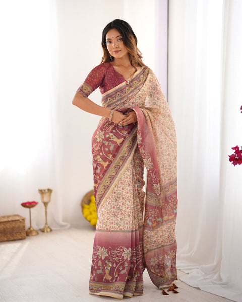 Beige & Mauve Handloom Cotton Saree with Floral Jaal, Peacock Motifs & Storytelling Pallu LINEN HANDLOOM Main image