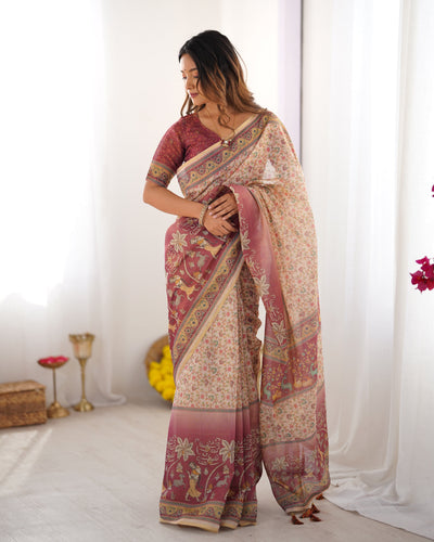 Beige & Mauve Handloom Cotton Saree with Floral Jaal, Peacock Motifs & Storytelling Pallu LINEN HANDLOOM