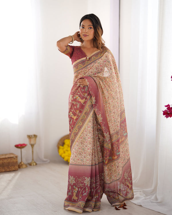 Beige & Mauve Handloom Cotton Saree with Floral Jaal, Peacock Motifs & Storytelling Pallu LINEN HANDLOOM