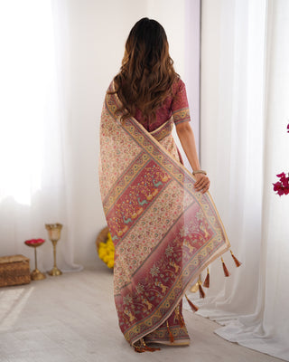 Beige & Mauve Handloom Cotton Saree with Floral Jaal, Peacock Motifs & Storytelling Pallu LINEN HANDLOOM