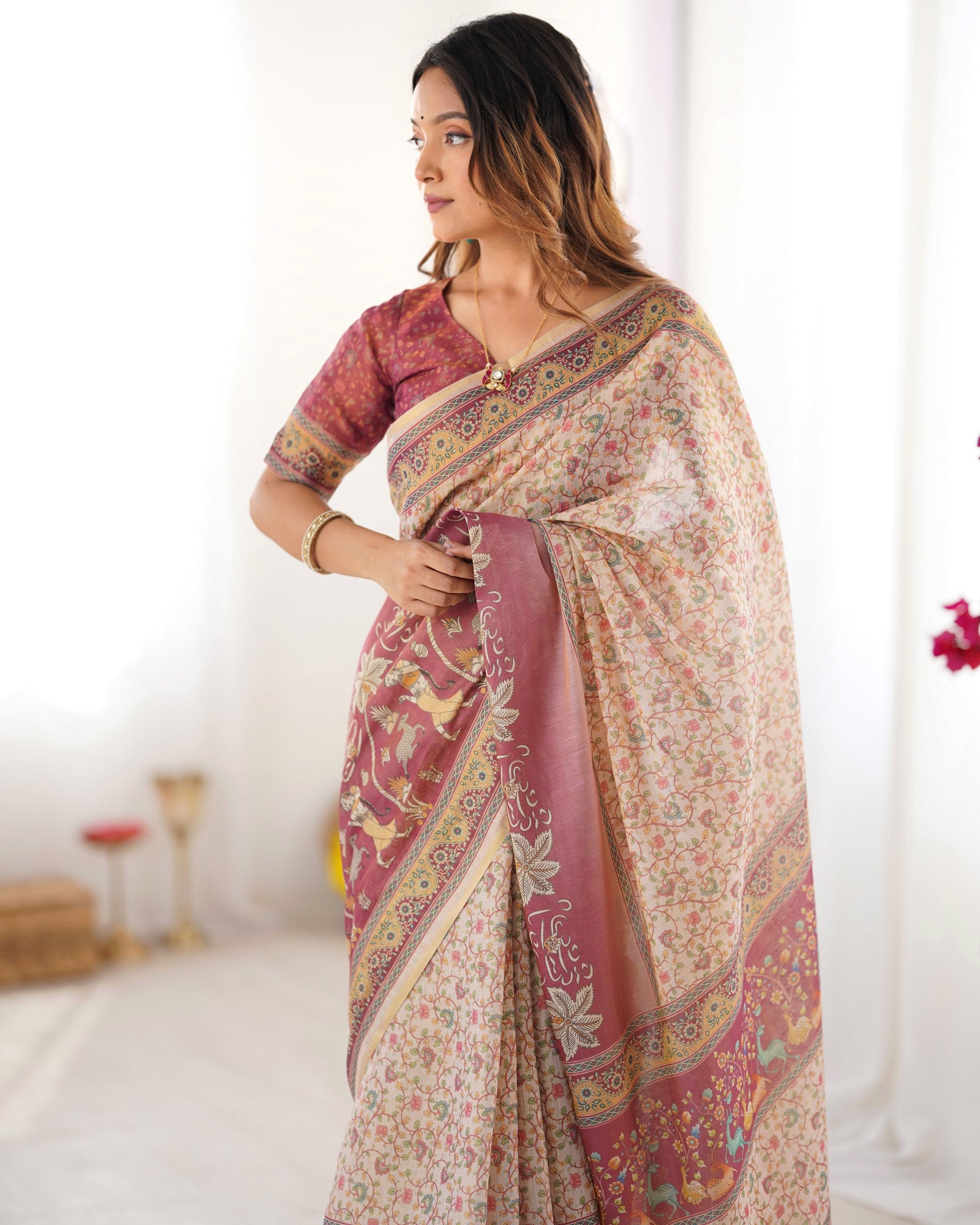 Beige & Mauve Handloom Cotton Saree with Floral Jaal, Peacock Motifs & Storytelling Pallu LINEN HANDLOOM