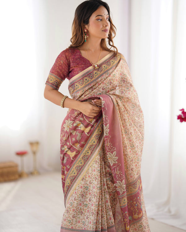 Beige & Mauve Handloom Cotton Saree with Floral Jaal, Peacock Motifs & Storytelling Pallu LINEN HANDLOOM