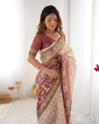 Beige & Mauve Handloom Cotton Saree with Floral Jaal, Peacock Motifs & Storytelling Pallu LINEN HANDLOOM