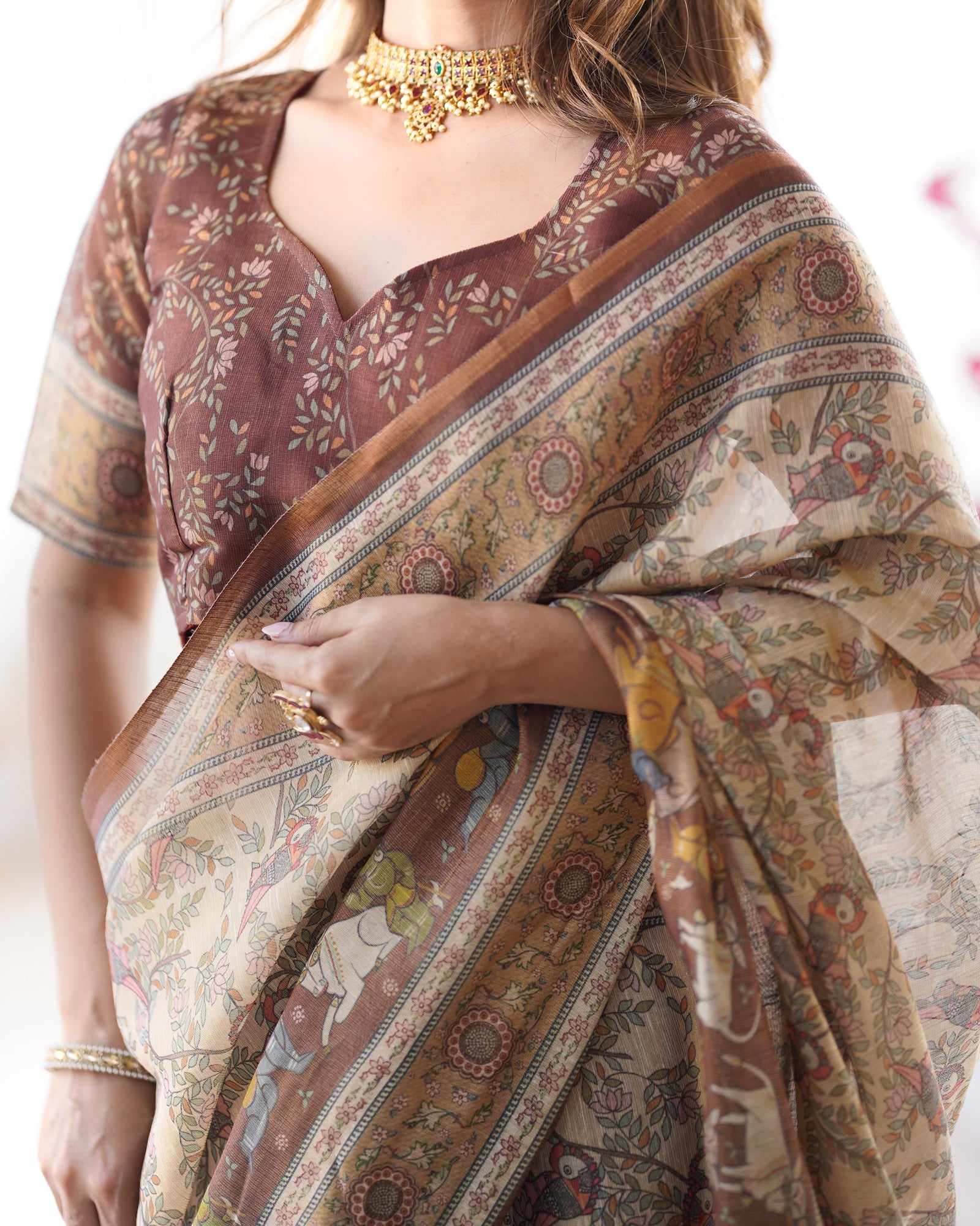 Beige & Brown Handloom Cotton Saree with Mythical Kalamkari Pallu and Elephant Motifs LINEN HANDLOOM