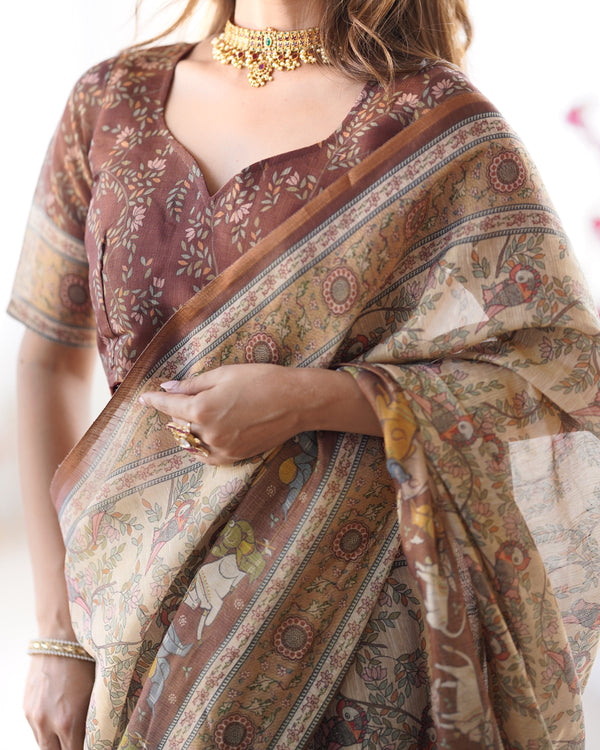Beige & Brown Handloom Cotton Saree with Mythical Kalamkari Pallu and Elephant Motifs LINEN HANDLOOM