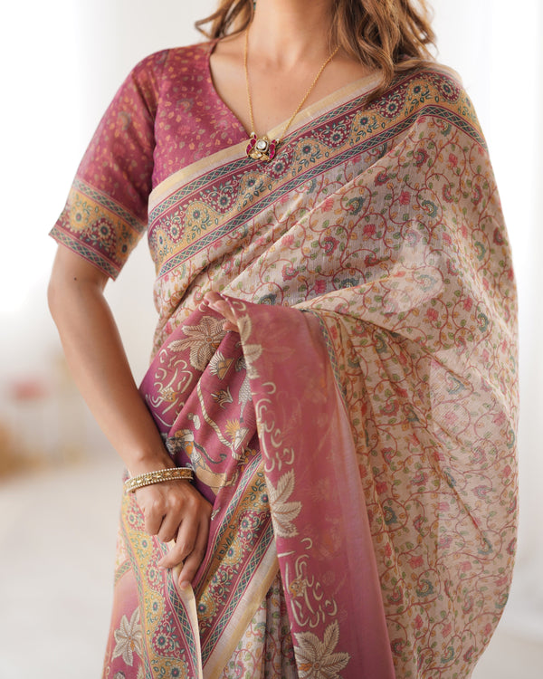Beige & Mauve Handloom Cotton Saree with Floral Jaal, Peacock Motifs & Storytelling Pallu LINEN HANDLOOM