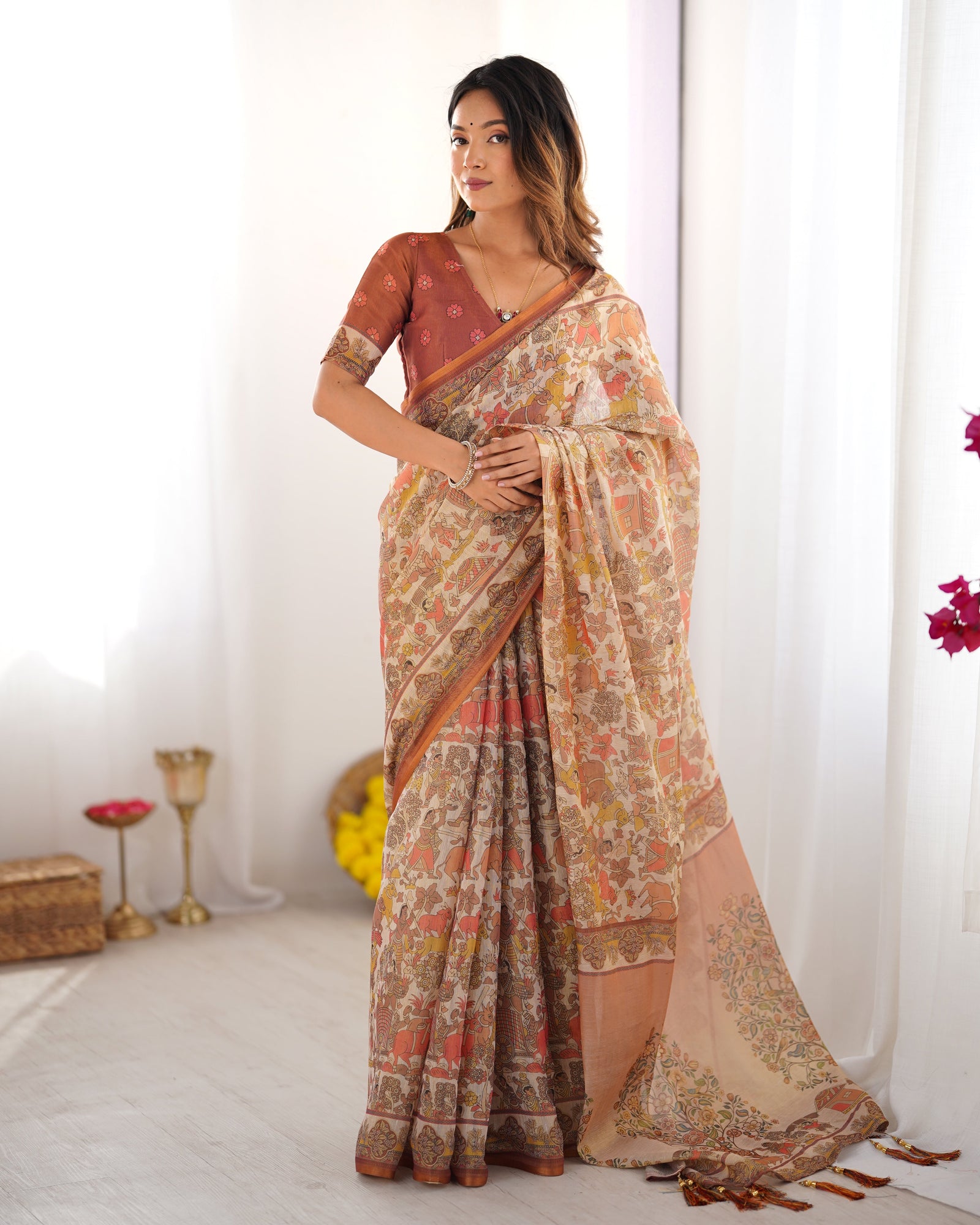 Beige Handloom Cotton Saree with Rust Blouse and Village Celebration Print LINEN HANDLOOM