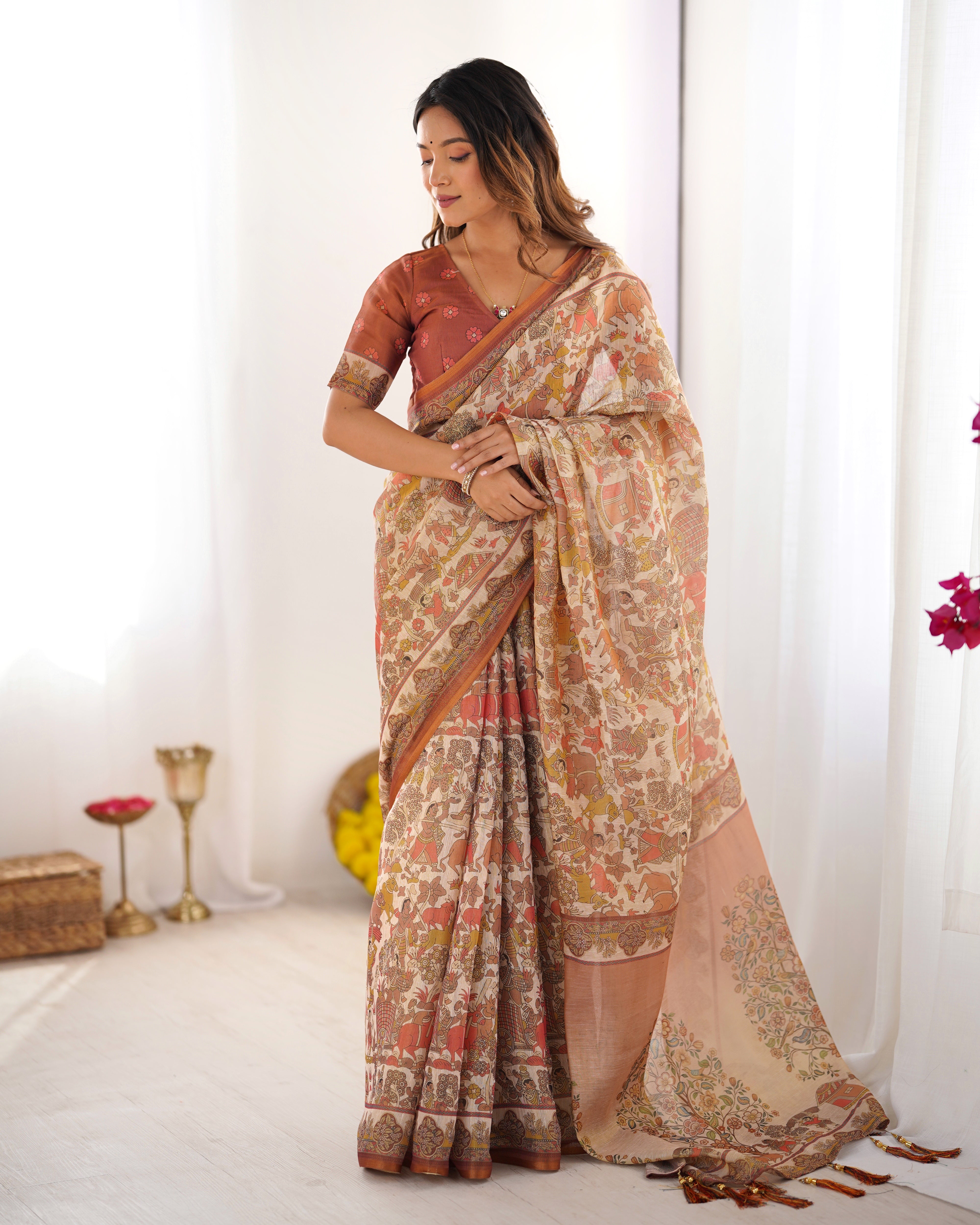 Beige Handloom Cotton Saree with Rust Blouse and Village Celebration Print Secondary image