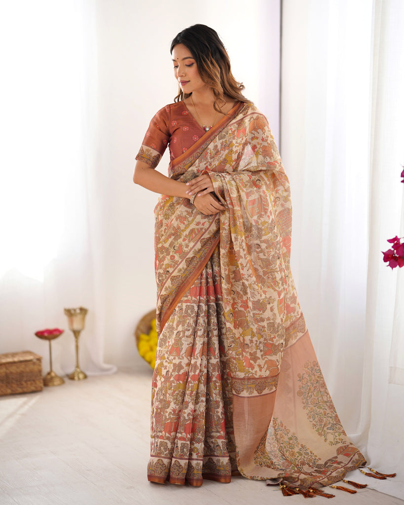 Beige Handloom Cotton Saree with Rust Blouse and Village Celebration Print LINEN HANDLOOM