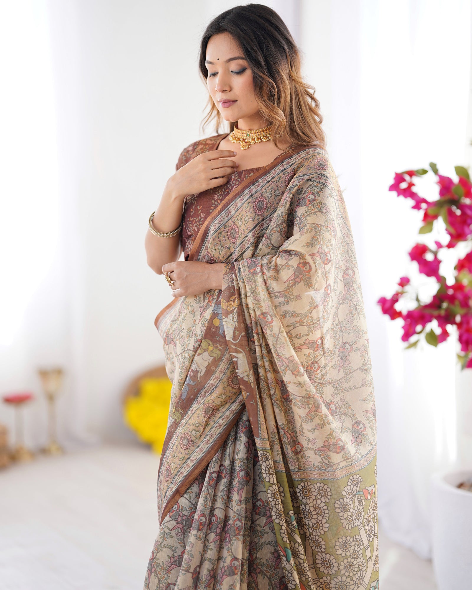 Beige & Brown Handloom Cotton Saree with Mythical Kalamkari Pallu and Elephant Motifs LINEN HANDLOOM