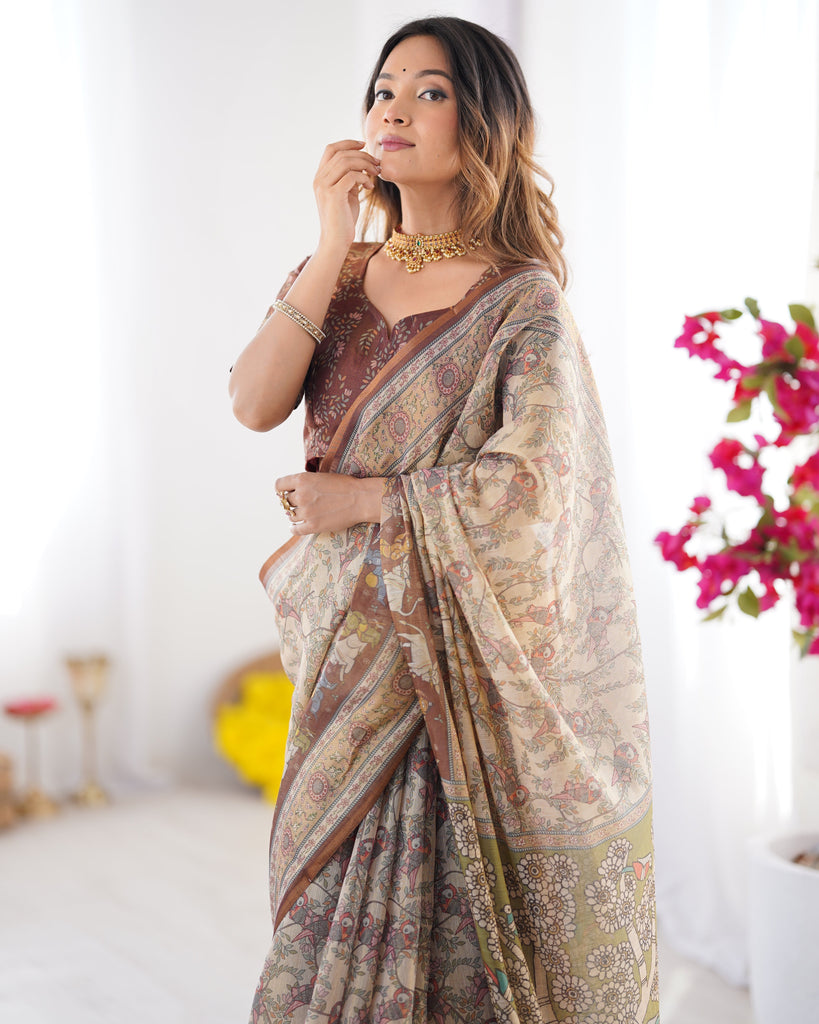 Beige & Brown Handloom Cotton Saree with Mythical Kalamkari Pallu and Elephant Motifs LINEN HANDLOOM