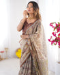 Load image into Gallery viewer, Beige &amp; Brown Handloom Cotton Saree with Mythical Kalamkari Pallu and Elephant Motifs LINEN HANDLOOM
