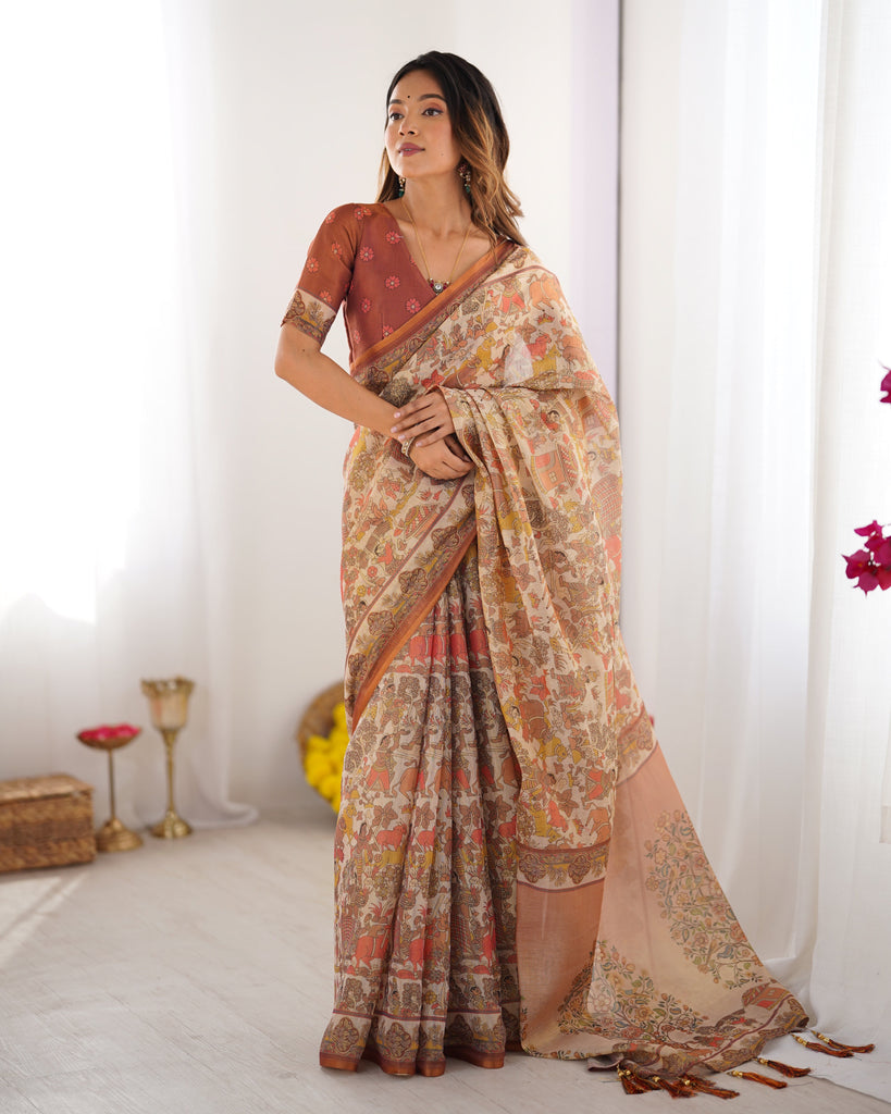 Beige Handloom Cotton Saree with Rust Blouse and Village Celebration Print LINEN HANDLOOM