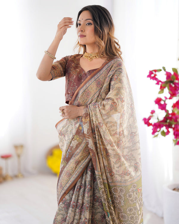Beige & Brown Handloom Cotton Saree with Mythical Kalamkari Pallu and Elephant Motifs LINEN HANDLOOM