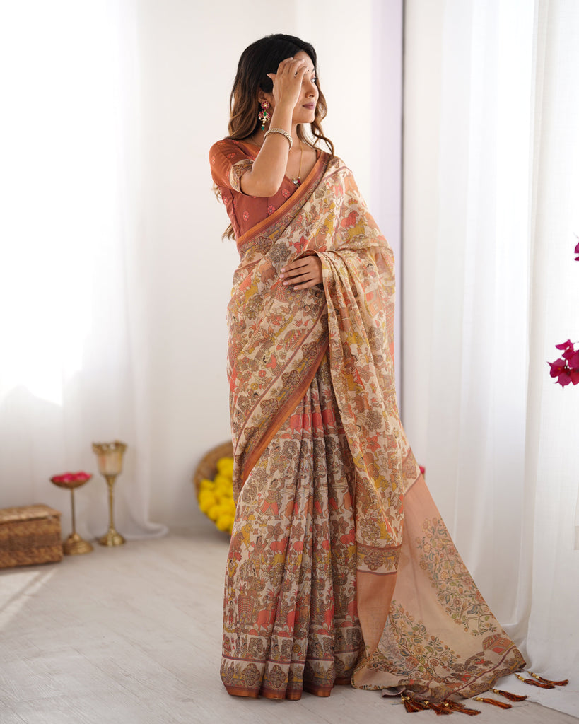 Beige Handloom Cotton Saree with Rust Blouse and Village Celebration Print LINEN HANDLOOM