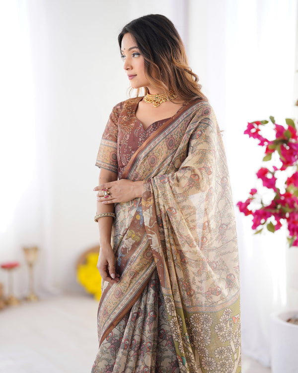 Beige & Brown Handloom Cotton Saree with Mythical Kalamkari Pallu and Elephant Motifs LINEN HANDLOOM