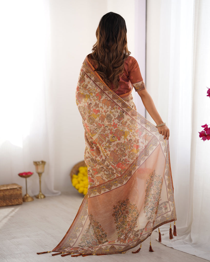 Beige Handloom Cotton Saree with Rust Blouse and Village Celebration Print LINEN HANDLOOM