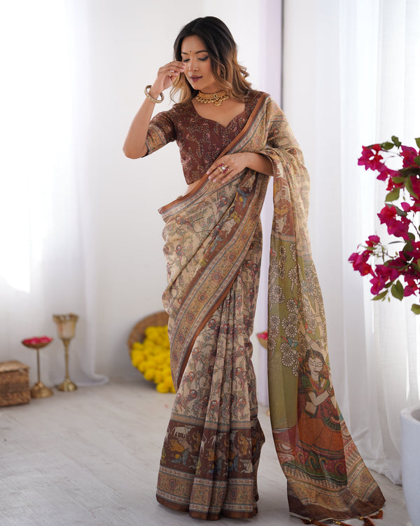 Beige & Brown Handloom Cotton Saree with Mythical Kalamkari Pallu and Elephant Motifs LINEN HANDLOOM