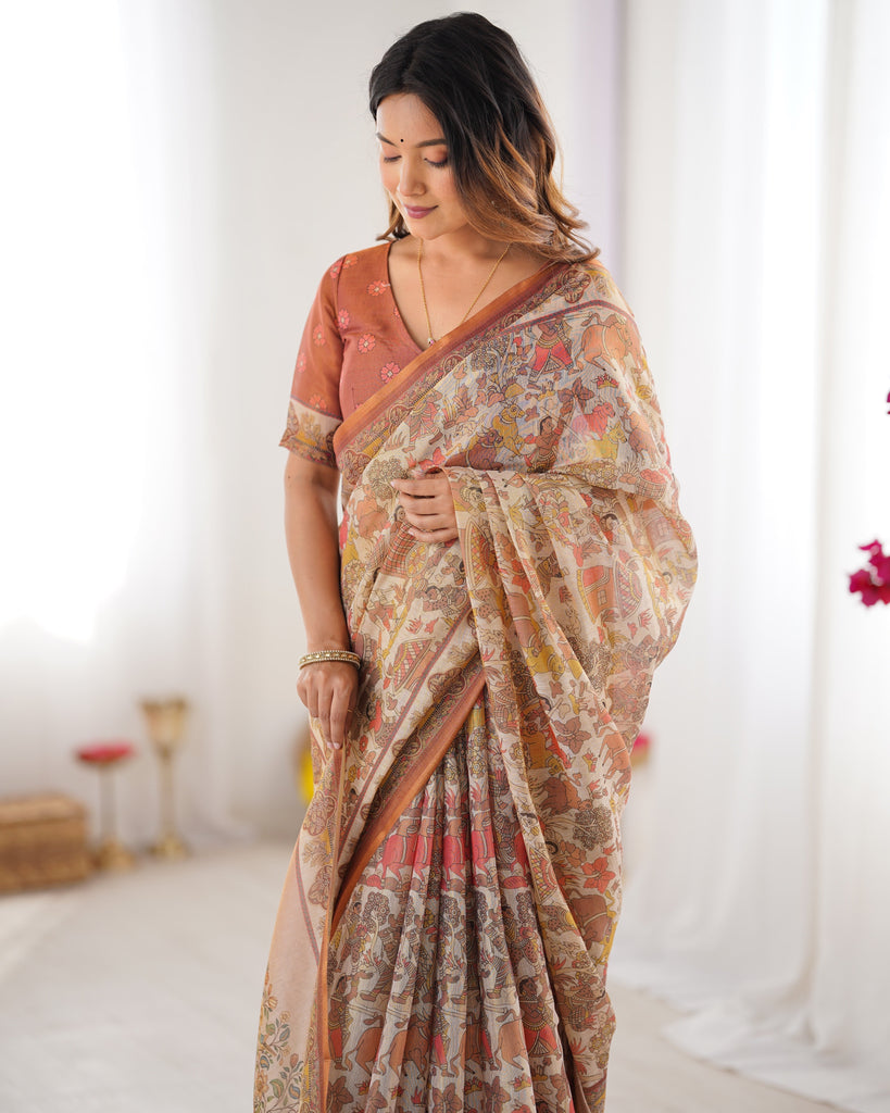 Beige Handloom Cotton Saree with Rust Blouse and Village Celebration Print LINEN HANDLOOM