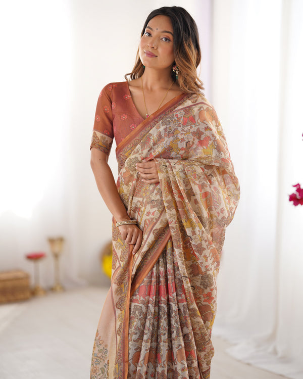 Beige Handloom Cotton Saree with Rust Blouse and Village Celebration Print LINEN HANDLOOM