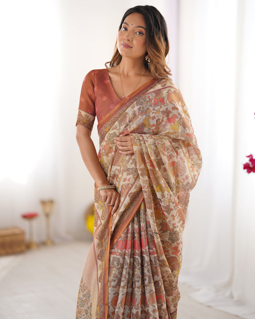 Beige Handloom Cotton Saree with Rust Blouse and Village Celebration Print LINEN HANDLOOM