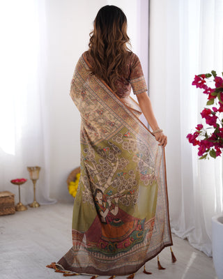 Beige & Brown Handloom Cotton Saree with Mythical Kalamkari Pallu and Elephant Motifs LINEN HANDLOOM