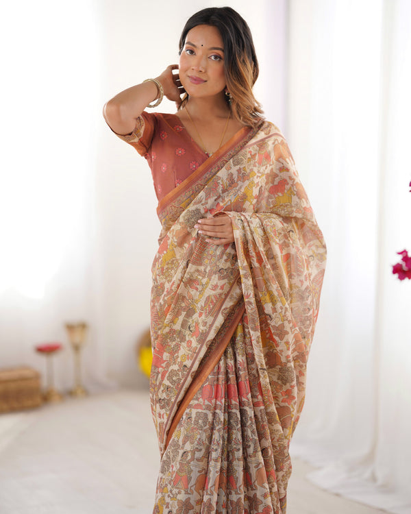 Beige Handloom Cotton Saree with Rust Blouse and Village Celebration Print LINEN HANDLOOM