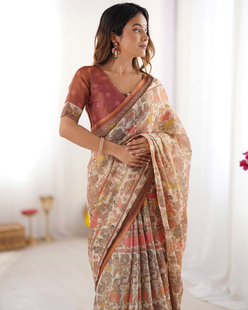 Beige Handloom Cotton Saree with Rust Blouse and Village Celebration Print LINEN HANDLOOM