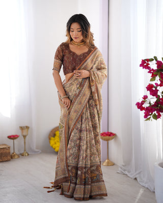 Beige & Brown Handloom Cotton Saree with Mythical Kalamkari Pallu and Elephant Motifs LINEN HANDLOOM