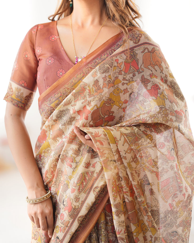 Beige Handloom Cotton Saree with Rust Blouse and Village Celebration Print LINEN HANDLOOM