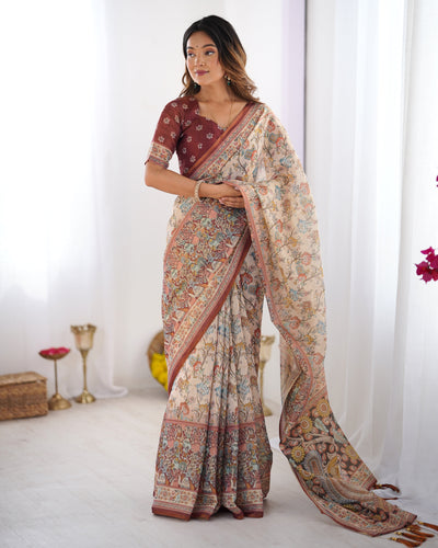 Beige & Maroon Handloom Cotton Saree with Multicolor Floral Print and Majestic Bird Art Pallu LINEN HANDLOOM