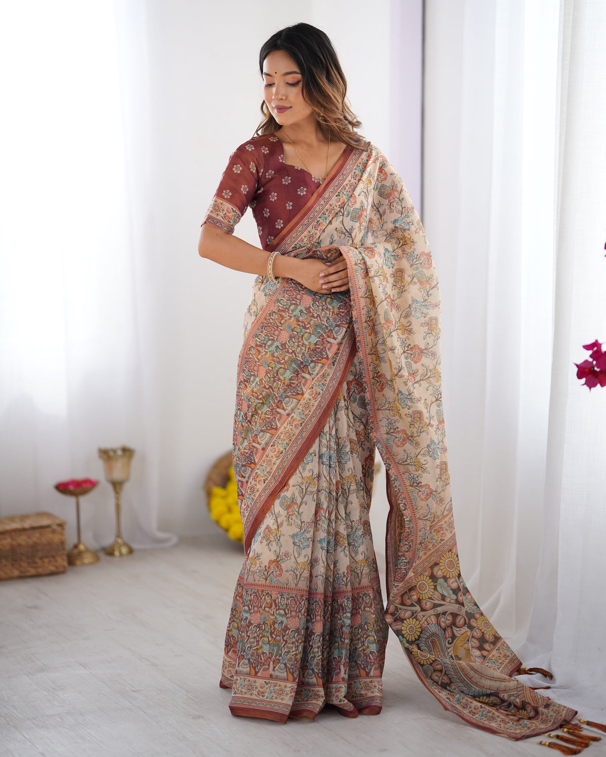 Beige & Maroon Handloom Cotton Saree with Multicolor Floral Print and Majestic Bird Art Pallu LINEN HANDLOOM Main image