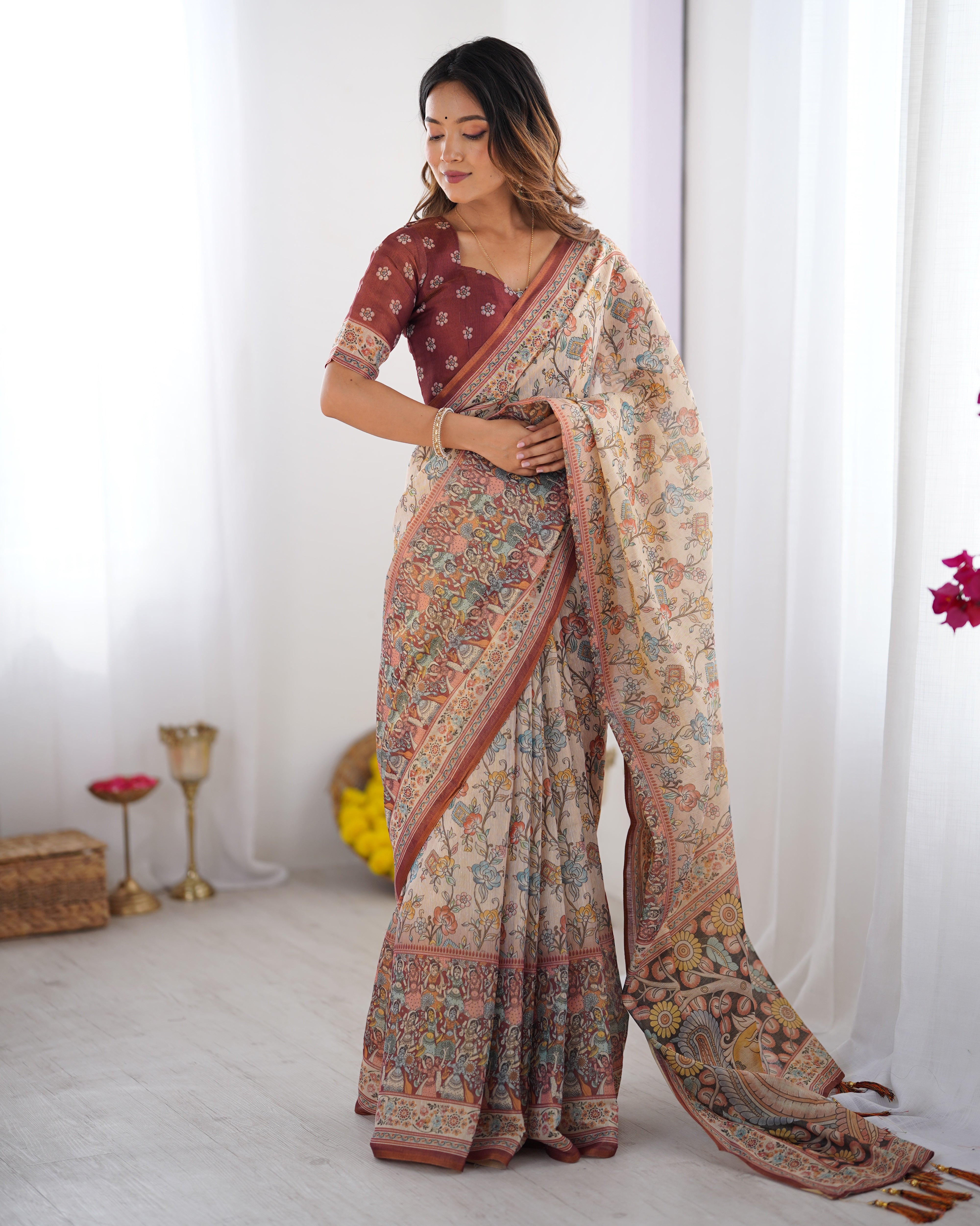 Beige & Maroon Handloom Cotton Saree with Multicolor Floral Print and Majestic Bird Art Pallu LINEN HANDLOOM Main image