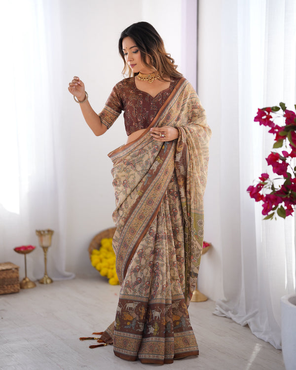 Beige & Brown Handloom Cotton Saree with Mythical Kalamkari Pallu and Elephant Motifs LINEN HANDLOOM