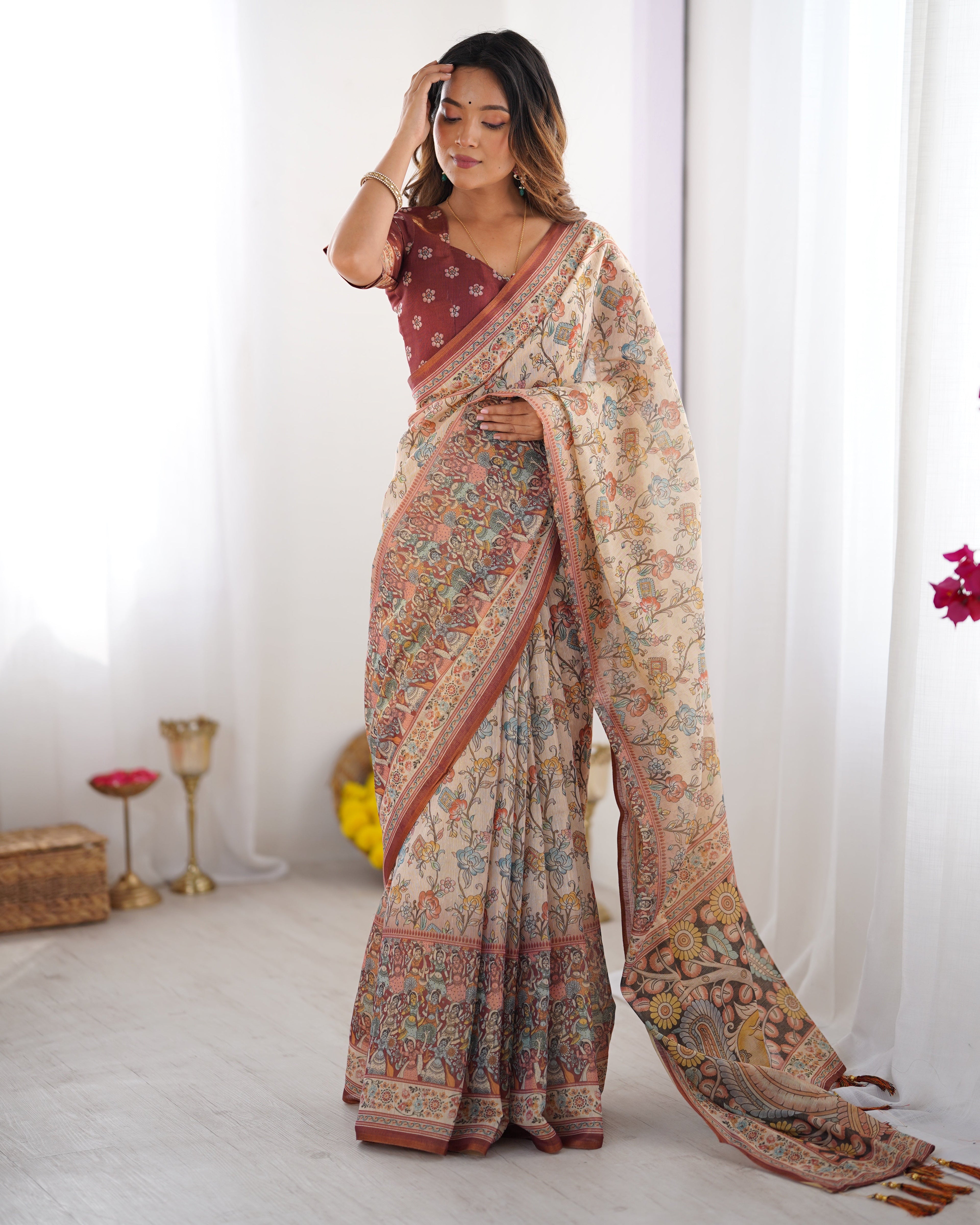 Beige & Maroon Handloom Cotton Saree with Multicolor Floral Print and Majestic Bird Art Pallu LINEN HANDLOOM